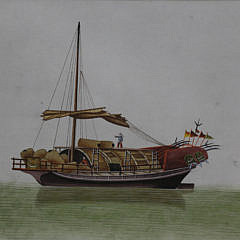 Pair of Chinese Export Watercolors “Commercial River Boats”, circa 1870