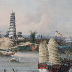 Pair of Chinese Export Oils “Two Views of the Nine-Stage Pagoda at Whompoa Anchorage”, circa 1830-1840