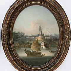 Pair of Chinese Export Oils “Two Views of the Nine-Stage Pagoda at Whompoa Anchorage”, circa 1830-1840