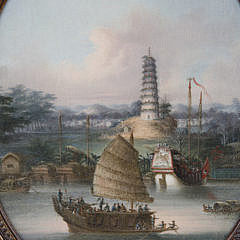 Pair of Chinese Export Oils “Two Views of the Nine-Stage Pagoda at Whompoa Anchorage”, circa 1830-1840