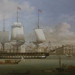 Louis Dodd Oil on Panel “American Warship on the Thames Passing Greenwich”