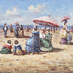 Two Decorative Oil on Board Paintings, “Beachside Victorians”