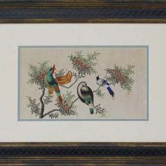 Pair of Chinese Export Watercolors on Pith Paper “Pair of Pheasants and Other Birds in Foliage”, circa 1850