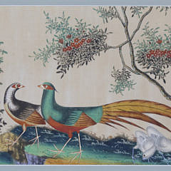 Pair of Chinese Export Watercolors on Pith Paper “Pair of Pheasants and Other Birds in Foliage”, circa 1850