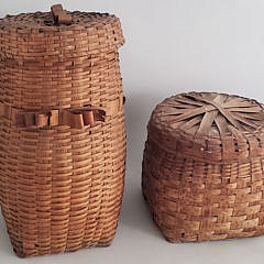 Two Antique American Splint Woven Lidded Baskets