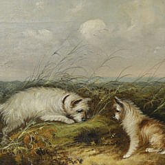 George Armfield Oil on Canvas “Two Terriers on the Hunt”, mid 19th Century