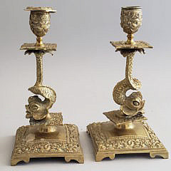 Pair of Antique Brass Sea Serpent Candlesticks