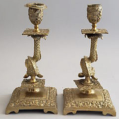 Pair of Antique Brass Sea Serpent Candlesticks