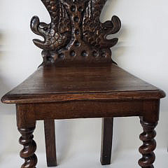 Pair of French Carved Oak Hall Chairs, 19th Century