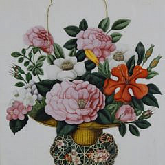 Pair of China Trade Floral Watercolors on Pith Paper, circa 1830s