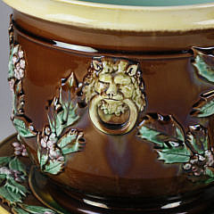 Pair of English Majolica “Holly” Pattern Cachepots with Stands