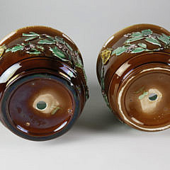 Pair of English Majolica “Holly” Pattern Cachepots with Stands