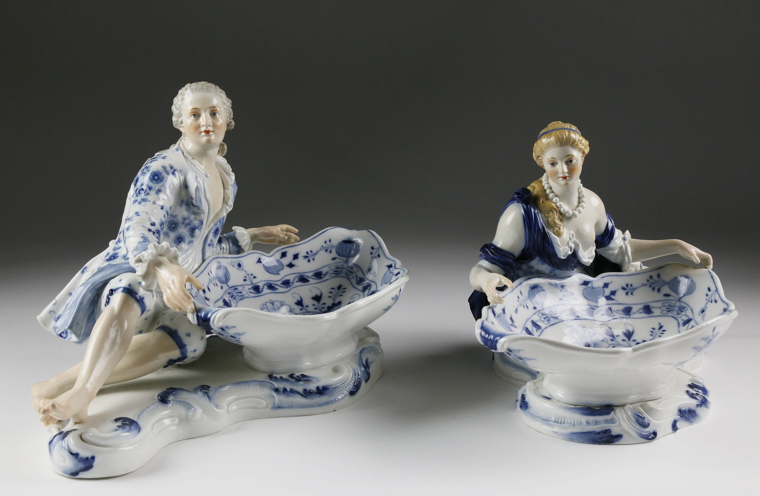 Pair of Meissen Porcelain Blue Onion Pattern Figural Sweetmeat
