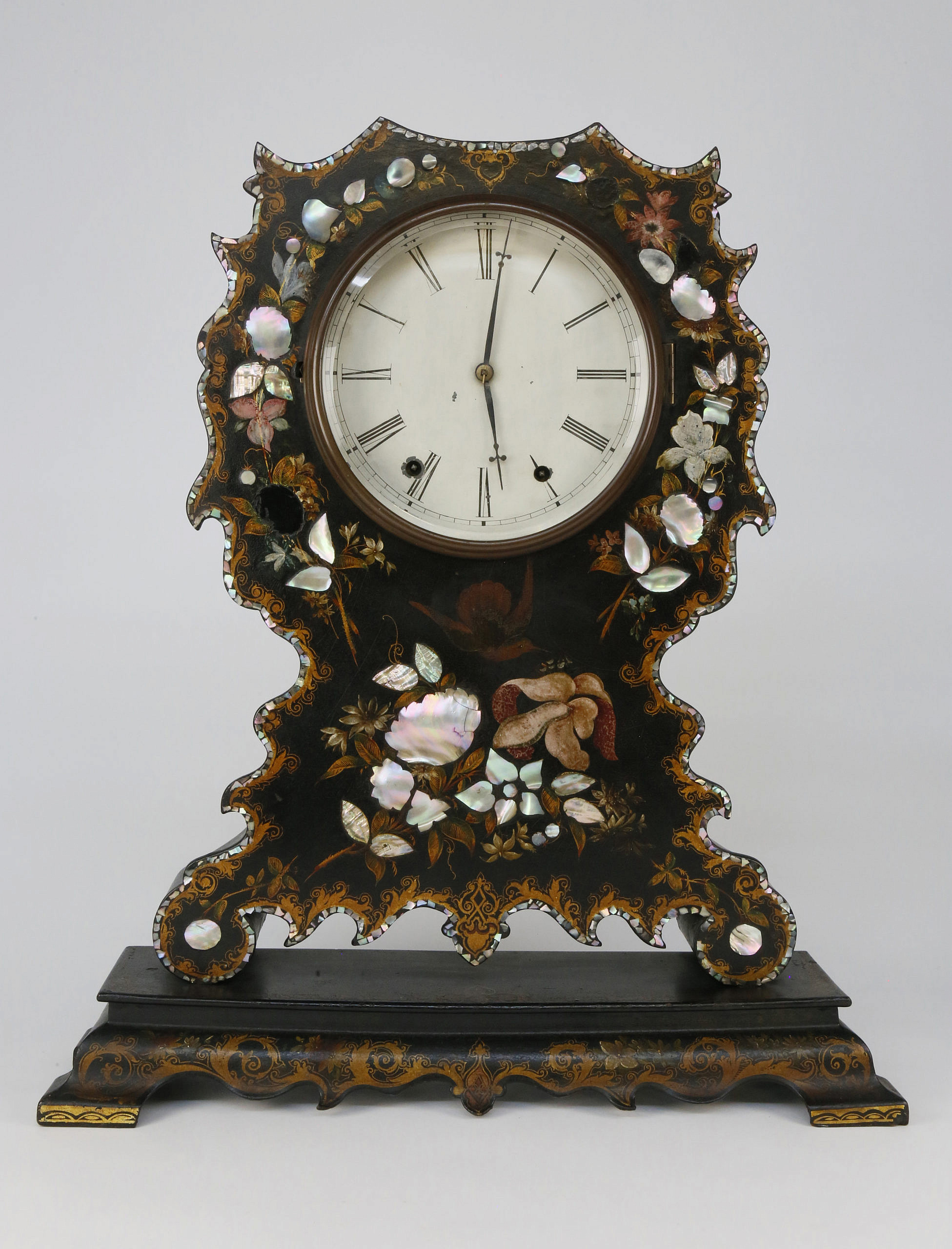 Papier Mache and Mother of Pearl Inlaid Black Japanned Bracket Clock Papier Mache and Mother