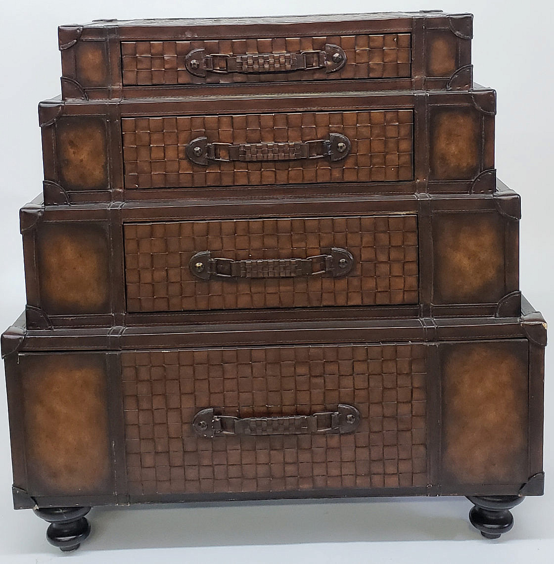 Pulaski Leather Suitcase Dresser - Pulaski Graduating Leather Suitcase Form  Chest of Drawers - Rafael Osona Auctions Nantucket, MA