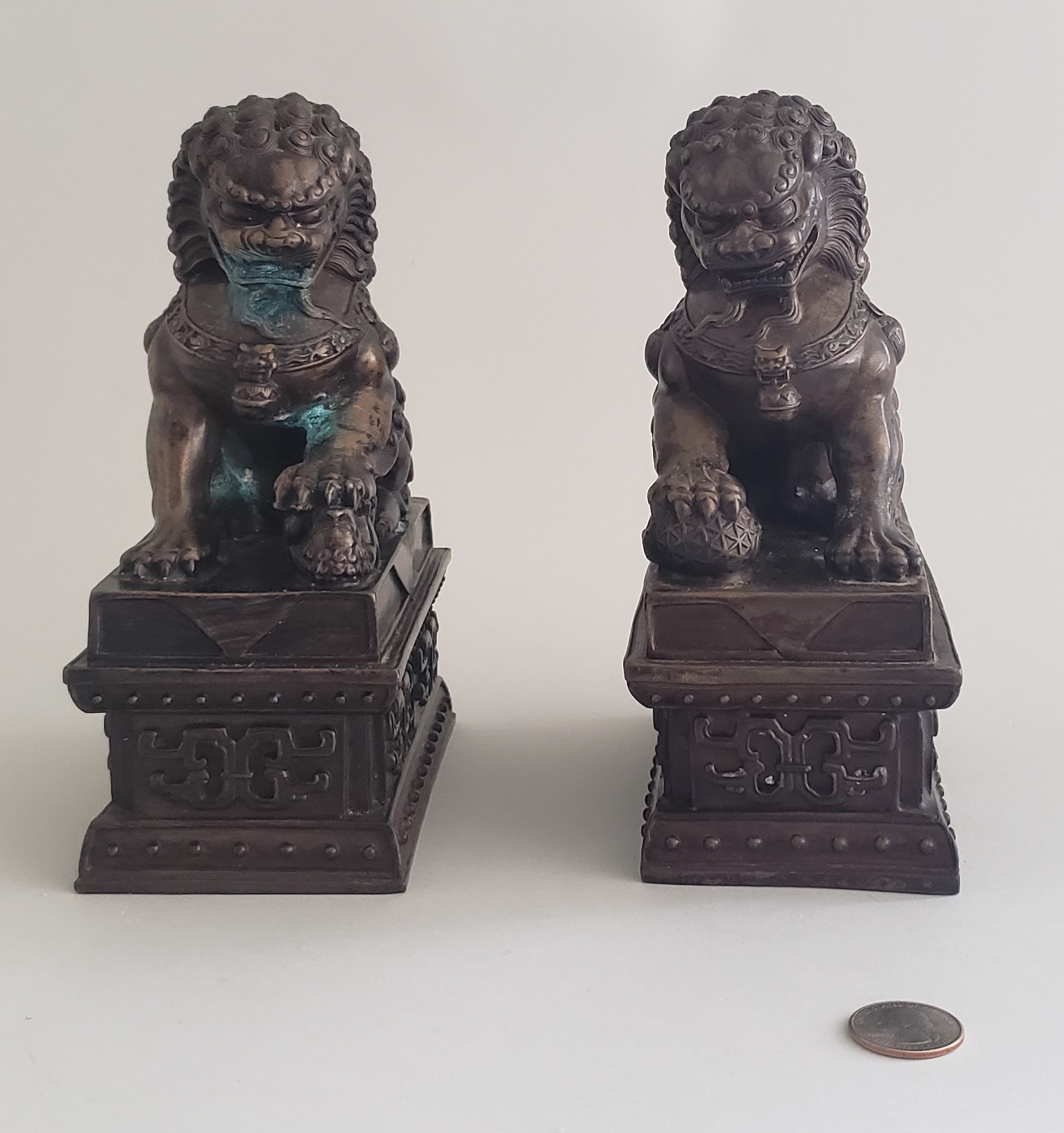 Chinese Bronze Foo Lion Statues Pair of Vintage Cast Bronze Chinese