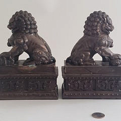 Pair of Vintage Cast Bronze Chinese Foo Lion Statues