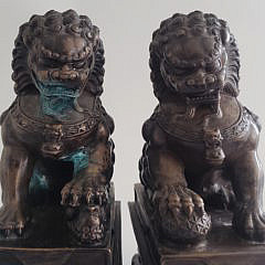 Pair of Vintage Cast Bronze Chinese Foo Lion Statues