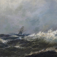 L.M. Cook Oil on Canvas “Storm Off Minots Light – Cohassett Harbor”, circa 1886