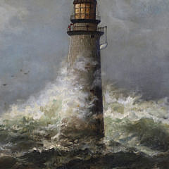 L.M. Cook Oil on Canvas “Storm Off Minots Light – Cohassett Harbor”, circa 1886