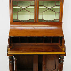 English Blonde Mahogany Cylinder Desk Secretary Bookcase, 19th century