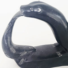 Simon Makimak Inuit Carved Soapstone Otter with Fish Sculpture