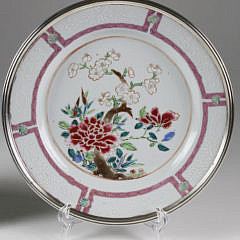 Pair of Chinese Export Silver-Mounted Famille Rose Plates, late 18th, early 19th Century