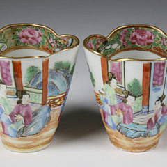 Pair of Chinese Export Rose Canton Porcelain Cups with Saucers, circa 1870