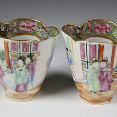 Pair of Chinese Export Rose Canton Porcelain Cups with Saucers, circa 1870