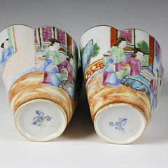 Pair of Chinese Export Rose Canton Porcelain Cups with Saucers, circa 1870