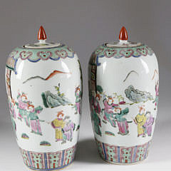 Pair of Chinese Export Famille Verte Porcelain Covered Vases, Qing Dynasty, Possibly Kangxi