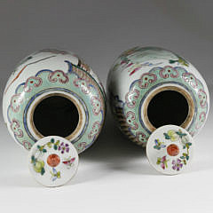 Pair of Chinese Export Famille Verte Porcelain Covered Vases, Qing Dynasty, Possibly Kangxi