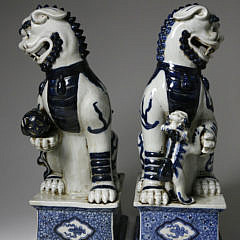 Pair of Late Qing Blue and White Porcelain Foo Lions, late 19th Century