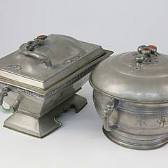 Two Chinese Hardstone-mounted Pewter Covered Serving Dishes, late 19th/early 20th century