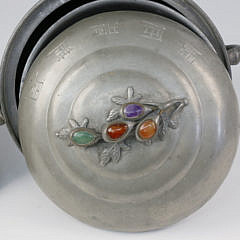 Two Chinese Hardstone-mounted Pewter Covered Serving Dishes, late 19th/early 20th century