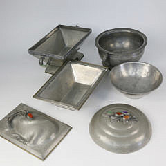 Two Chinese Hardstone-mounted Pewter Covered Serving Dishes, late 19th/early 20th century