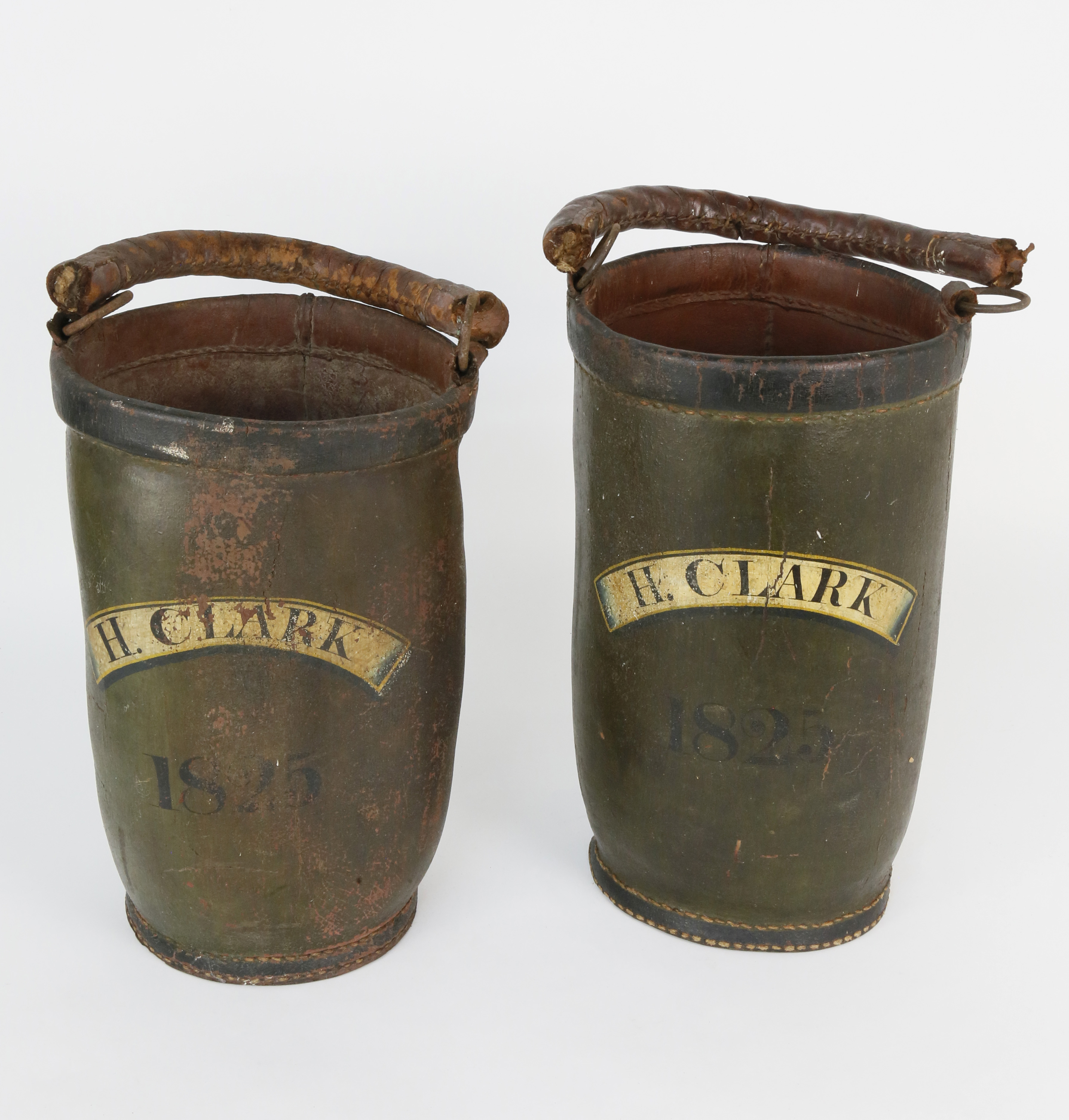Pair of American Painted Leather Fire Buckets circa 1825 Pair of