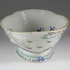 Chinese Export Porcelain Footed Oval Bowl with Cantonese “Hongs”, 19th Century