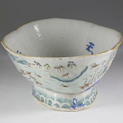 Chinese Export Porcelain Footed Oval Bowl with Cantonese “Hongs”, 19th Century