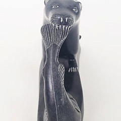 Simon Makimak Inuit Carved Soapstone Otter with Fish Sculpture