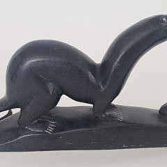 Simon Makimak Inuit Carved Soapstone Otter with Fish Sculpture