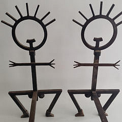 Pair of Arts and Crafts Style Wrought Iron Erotic Figural Andirons