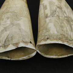 Pair of Polychrome Scrimshaw Antique Sperm Whale Teeth, circa 1846