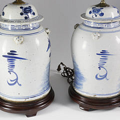 Pair of Chinese Blue and White Porcelain Temple Covered Jar Lamps