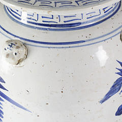 Pair of Chinese Blue and White Porcelain Temple Covered Jar Lamps