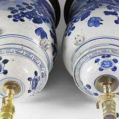 Pair of Chinese Blue and White Porcelain Temple Covered Jar Lamps