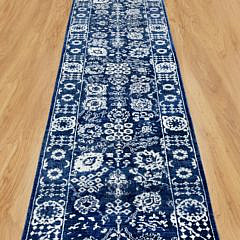 Hand Knotted Blue Tone on Tone Wool and Silk Tabriz Runner Carpet