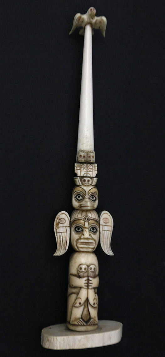 Antique Carved Walrus Ivory Northwest Totem Pole - Carved Walrus