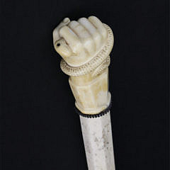 Fine Carved Whale Ivory Clenched Fist with Snake Grip Walking Stick, circa 1850