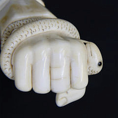 Fine Carved Whale Ivory Clenched Fist with Snake Grip Walking Stick, circa 1850